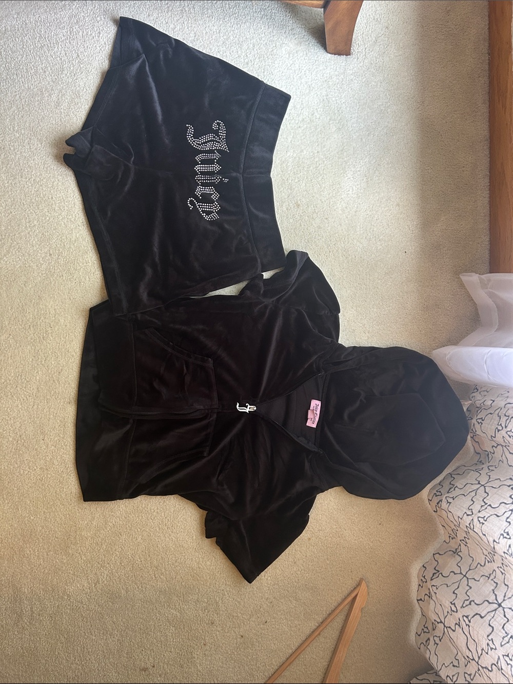 Juicy Black Velour Two-Piece Hoodie Set with Embellished Logo